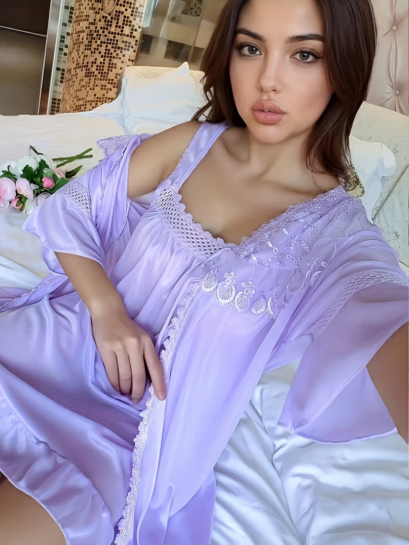 [Valentine's Day Christmas] Long Lace Robe Two-Piece Set y Satin Fabric Kimono Style Home Wear Ruffle And Delicate Lace Trim The Fit Is Flowing And Elegant Ideal for Daily Use Or As A Fantastic Gift Choice for Valentine's Day And Christmas