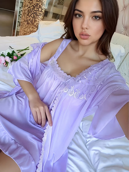 [Valentine's Day Christmas] Long Lace Robe Two-Piece Set y Satin Fabric Kimono Style Home Wear Ruffle And Delicate Lace Trim The Fit Is Flowing And Elegant Ideal for Daily Use Or As A Fantastic Gift Choice for Valentine's Day And Christmas