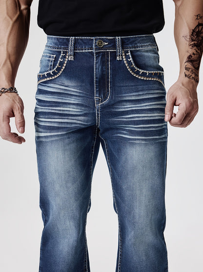 ESDVQ Men's Slim-Fit Classic Washed Denim Bell-Bottom Jeans - Mid-Stretch Machine-Washable Flared Pants with Suitable for All-Season Wear, Comfortable Stretchable Bell-Bottoms for Casual & Dressy Outfits