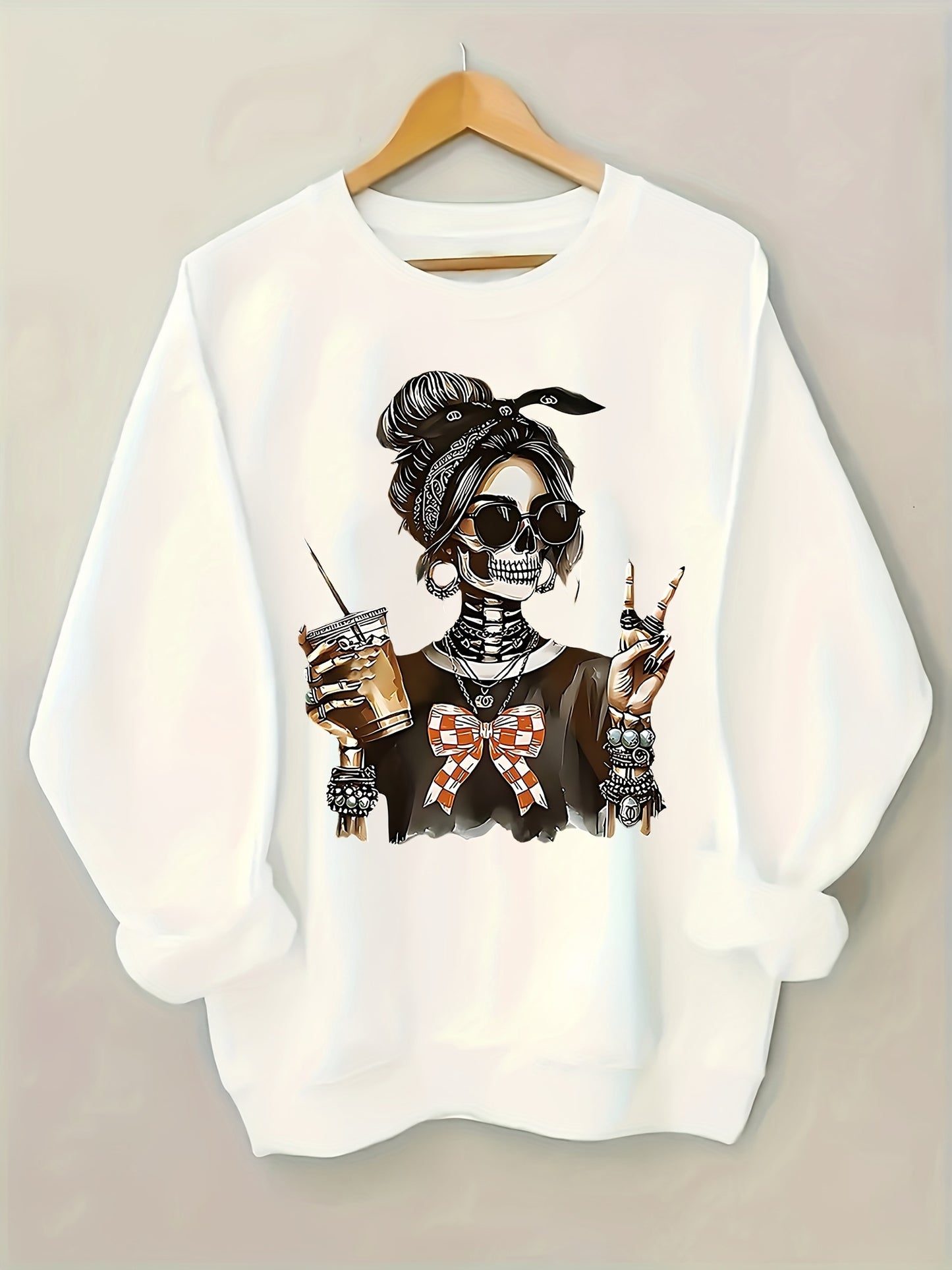 Skeleton - Themed with Trendy Accessories And Gestures Pattern Print Women's Sweatshirt, Comfortable All Seasons, Machine Washable