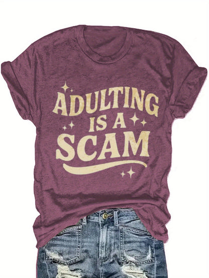 Women's Funny "Blended Adult Is a Scam" T-Shirt - Retro Humorous Slogan Short Sleeve Round Neck Blouse Suitable for Her Gift, Casual Statement Top for Daily Wear & Humor Apparel, Machine Washable Comfortable Everyday Outfits