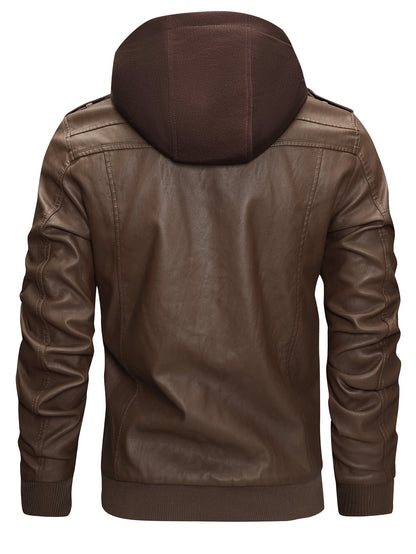 Men's PU Leather Jacket Motorcycle Jacket High Quality Windproof (Belt Included) PU Moto Vintage Bomber Hoodie with Removable Hood