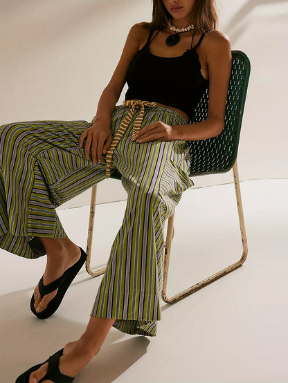 Women's Wide Leg Pants with Elastic Waist & Striped Drawstring - Striped Horizontal Stripes Trousers Suitable for Spring/Summer, Casual Lounge Pants with Side Pockets, Machine Washable Wide-Leg Trousers for Warm Weather