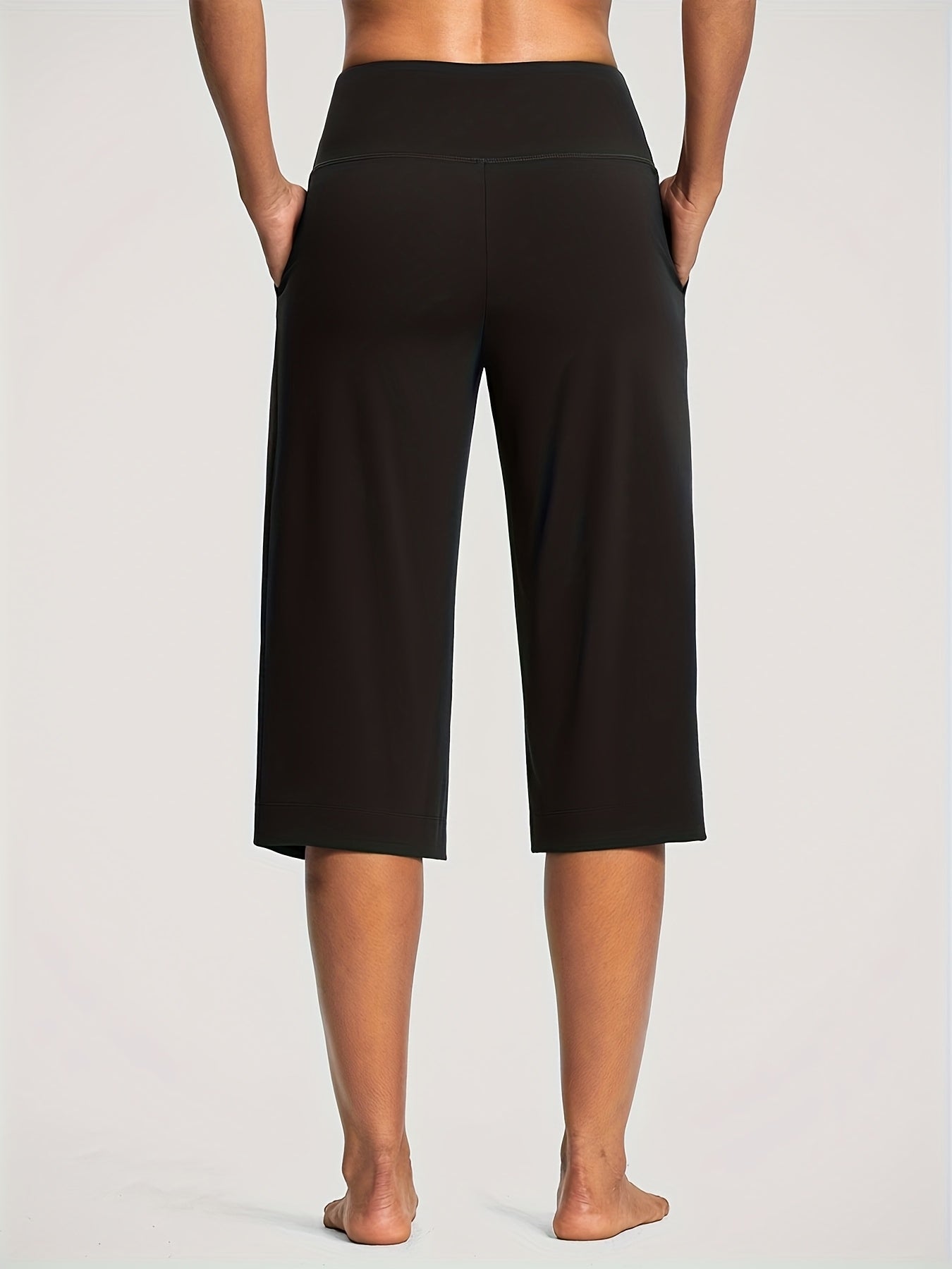 18'' Women's High-Waisted Wide Leg Yoga Capri Pants with Elastic Waist - Loose Comfortable Stretchable Soft Pants Suitable for Yoga, Workout, Casual & for Business Occasions - Spring Summer Fall Wearable with Practical Pockets (No Needed)