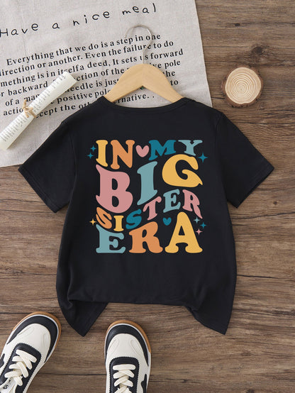 GOURD DOLL Girls' "IN MY BIG SISTER ERA" Graphic Print Short-Sleeve T-Shirt - Black, Loose Fit, 96% & 4% Elastane, Summer Casual Tee for Youngsters, Youngsters Summer Clothing | Round Neckline Top | Stretchy