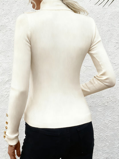 This White Fitted Turtleneck Top Features a Double Row of Metallic Buttons on The Shoulders, Making It a Chic And Versatile Piece for Autumn And Winter, Perfect for Everyday Wear And a Refined Addition to Your Wardrobe