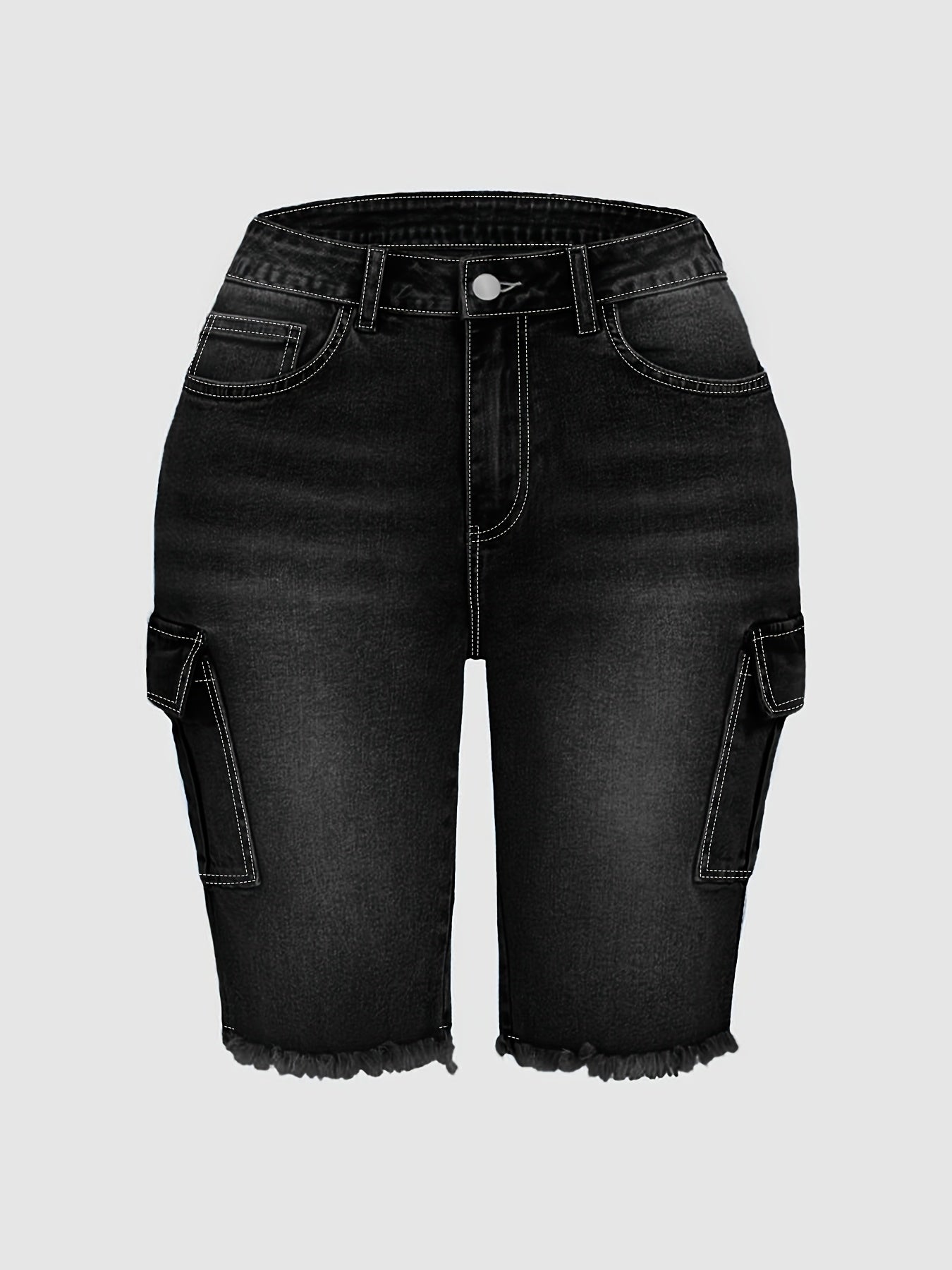 Large Size Imitation Old Blue Raw Edge Trouser Leg Tooling Flip Side Pocket Denim Cropped Pants Slim Retro Street Style High Waist Jeans Simple Fashion Spring And Summer Plus Size Denim Shorts