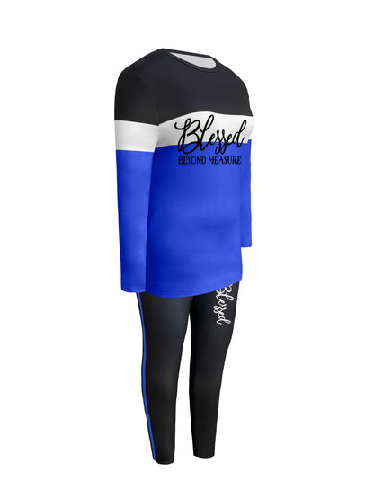 Ladies' Blessing Printed Casual Two-piece Set, Contrast Color Crew Neck Long Sleeve Top And Pants Suit