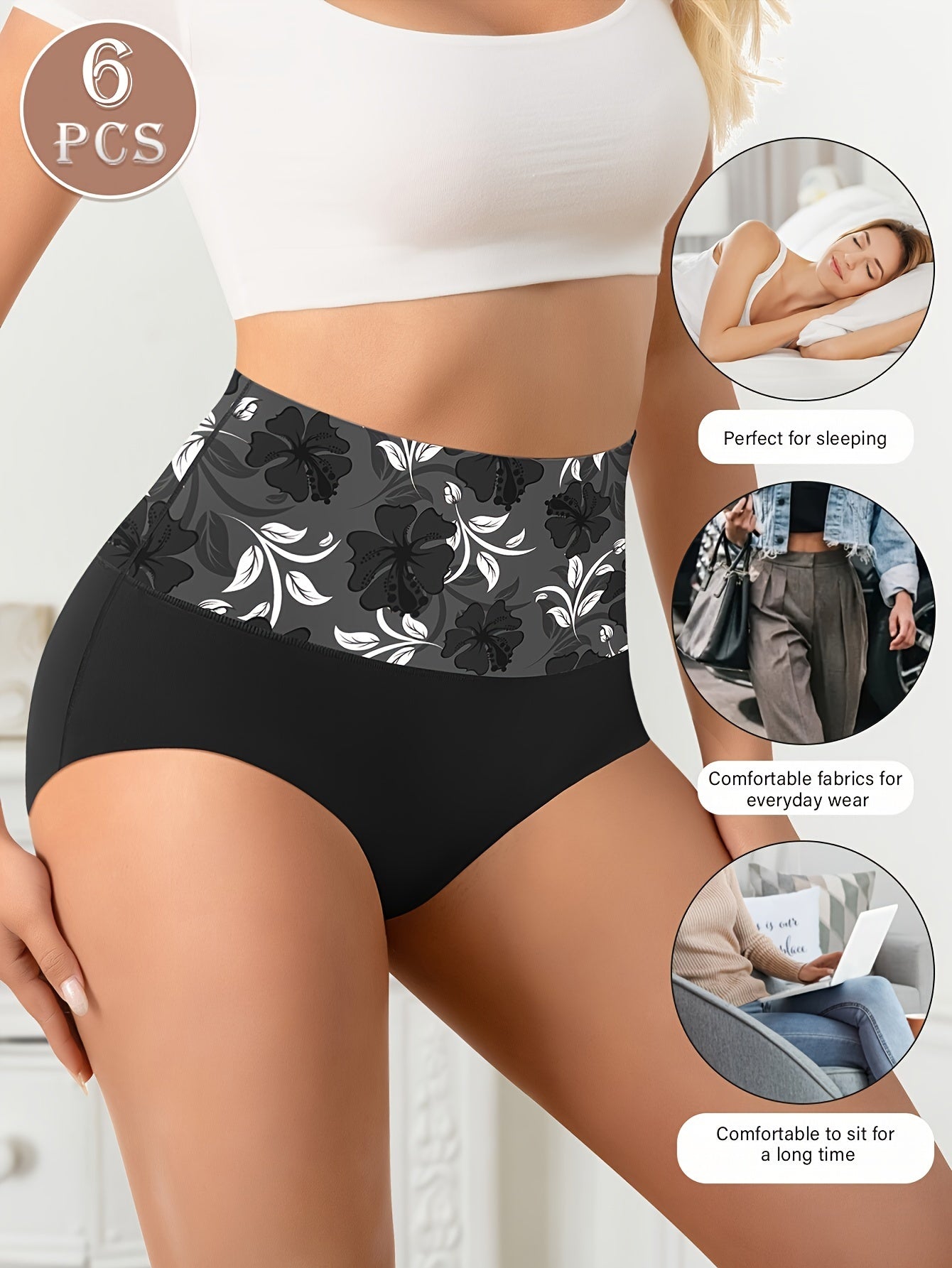 6pcs Seamless Floral Print High Waist Briefs, Sexy Comfy Breathable Stretchy Intimates Panties, Women'S Lingerie & Underwear