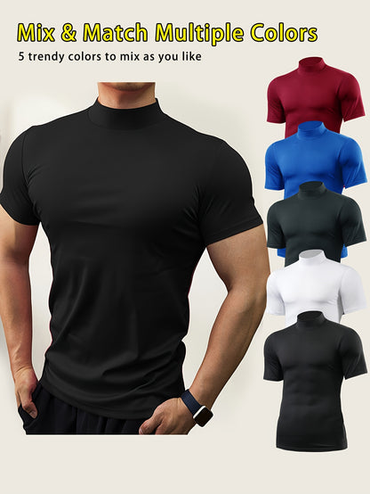 5pcs Men's Breathable Slim Fit T-Shirts - Moisture Wicking, Stretchy Crewneck for Gym/Running/Cycling (Solid Colors) - Athletic & Casual Wear