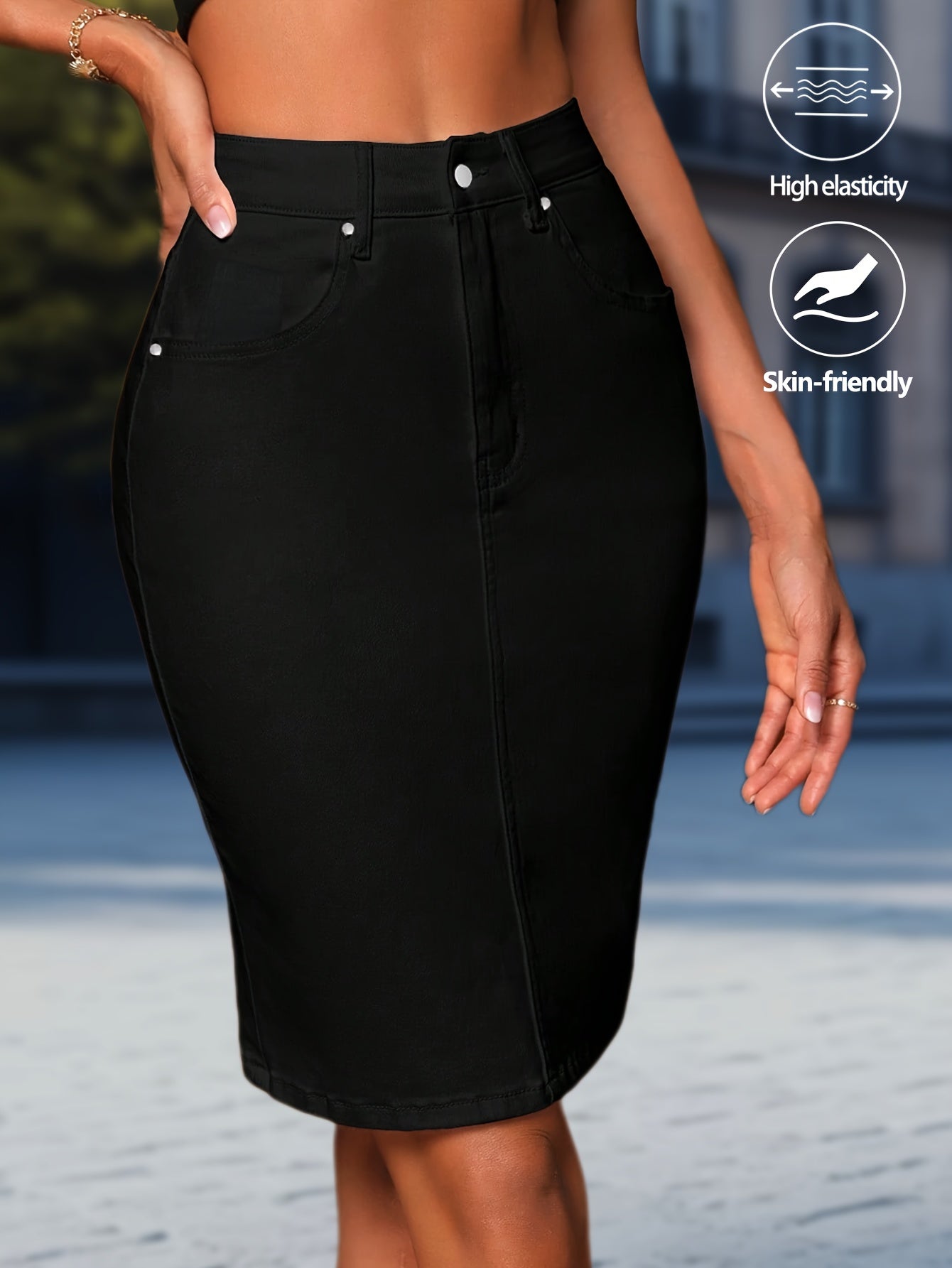 Women's Slim Fit High Waisted Black Denim Pencil Skirt with Stylish Button Front and Functional Side Pockets, Featuring a Modern Side Slit Design and Comfortable Stretchy Skin-Friendly Fabric, Perfect for Casual Vintage and Y2K Style Outfits
