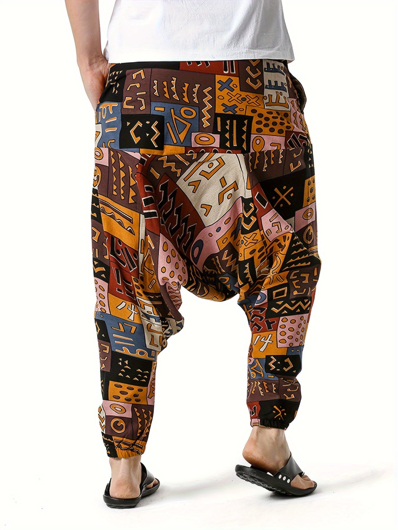 Men'S Stylish 100% Loose Colorful Fans Pattern Pants with Pockets, Casual Breathable Comfy Trousers for City Walk Street Hanging Outdoor Activities