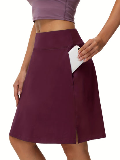Tennis Sports Mid-Length Skorts, Soft Breathable Quick Drying Yoga Fitness Golf Skirts with Phone Pocket