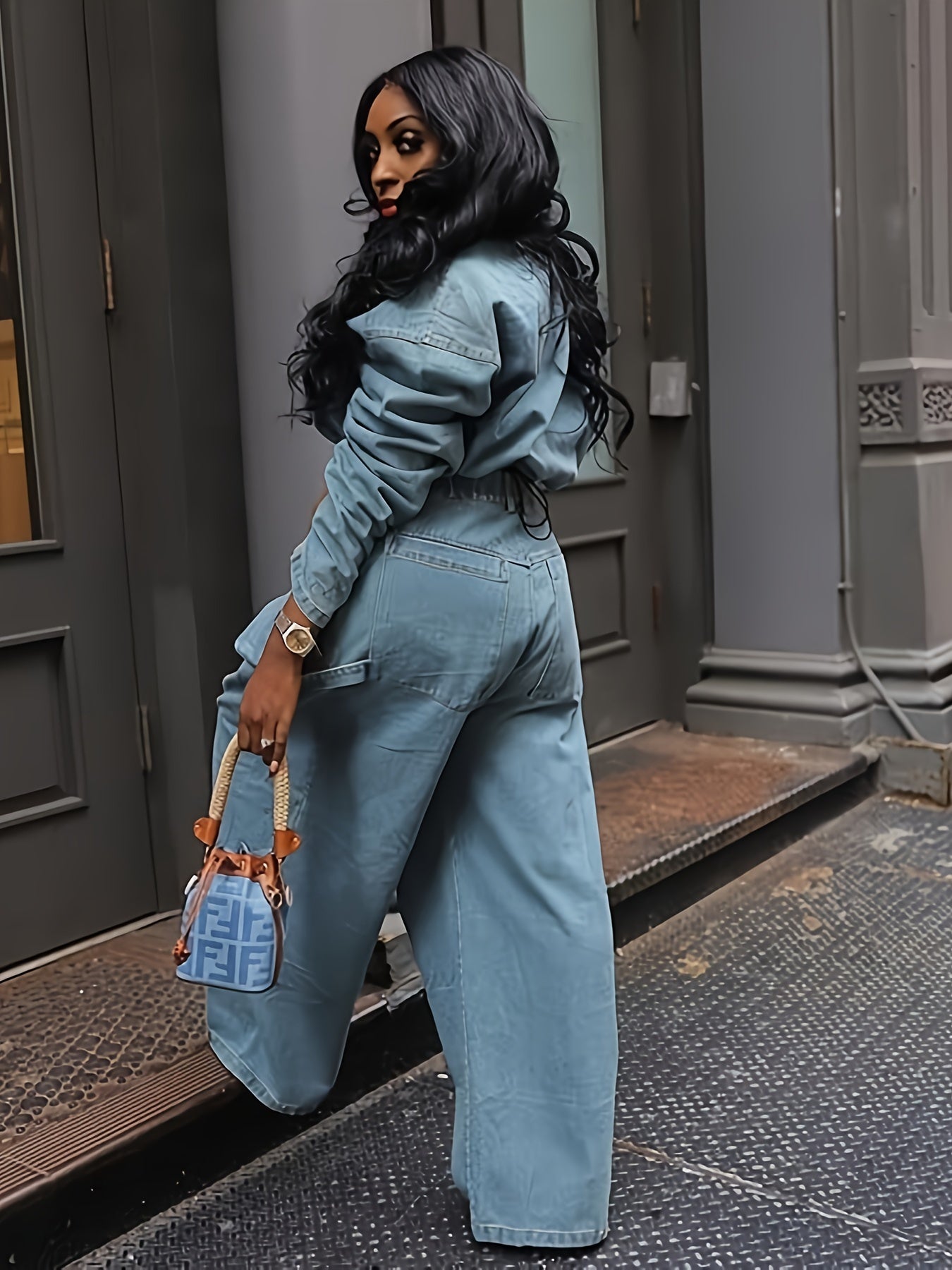Womens Two Piece Sets Denim Outfit Ruched Long Sleeve Zip Up Cropped Jean Jacket Wide Leg Pants Chic Set