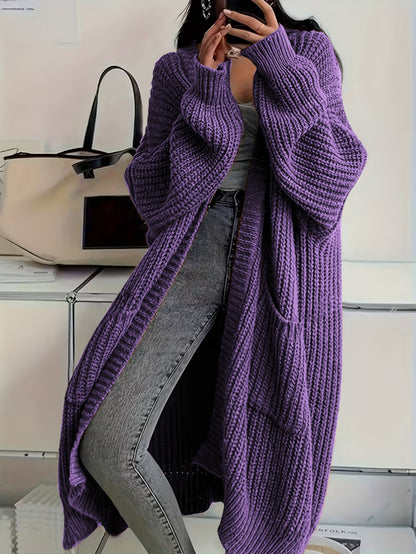 Plus Size, Solid Color Plus-Size Women's Long Pocket Cardigan Loose Over-the-Knee Sweater Coat Fashion Versatile Outerwear