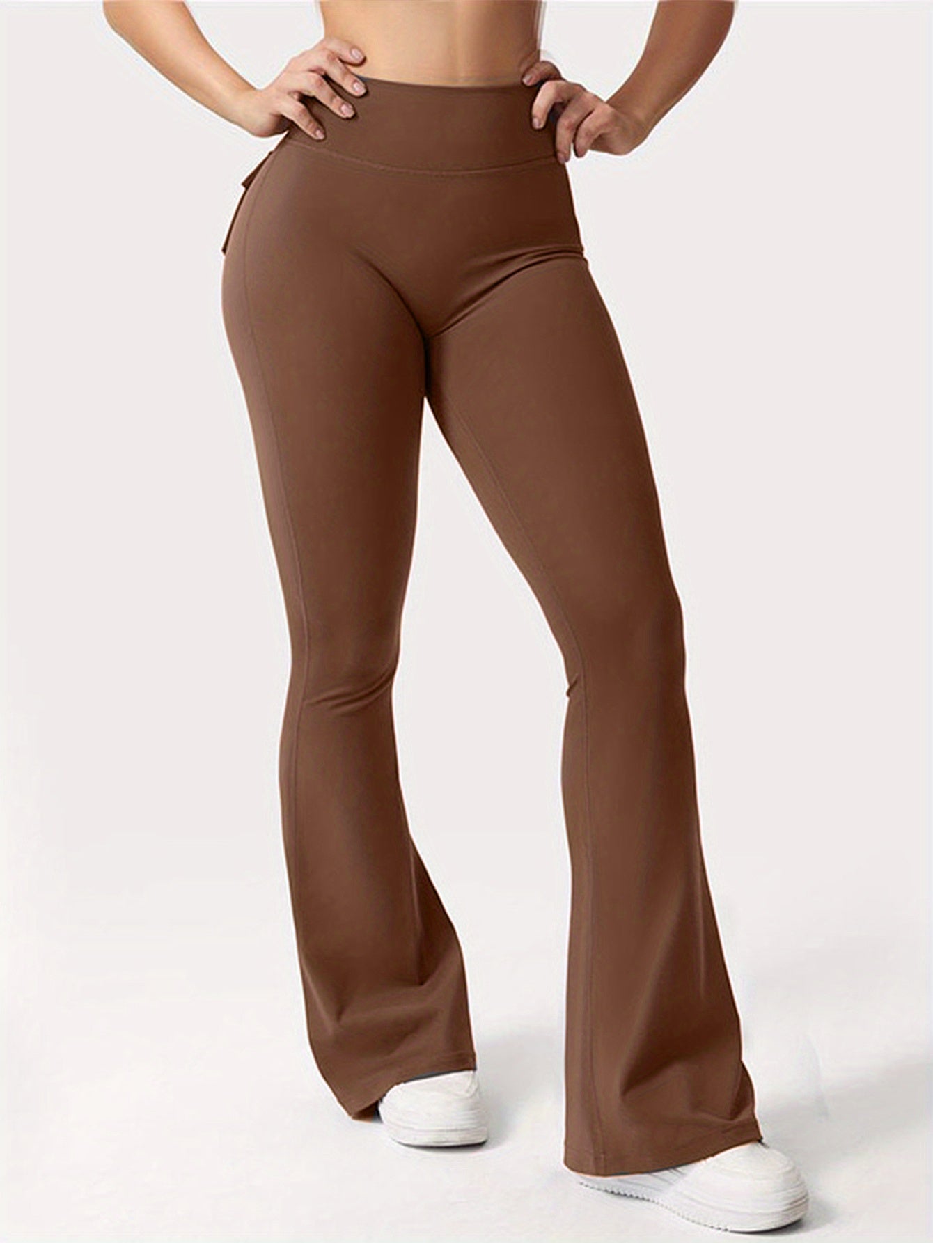 FOEIERAA 1pc Fashion Workwear Style Flare Pants, Women's Casual Flare Pants, High-Waist Pocket Joggers, Workwear Style Peach Butt Yoga Pants, Quick-Dry Tummy Control Butt Lifting Sexy Long Pants, Flare Leggings