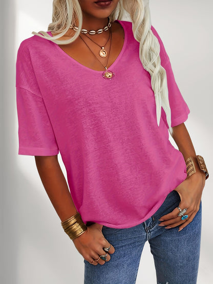 Women Fashion V-Neck Half Sleeves Oversized T Shirt Solid Casual Loose Basic Tops