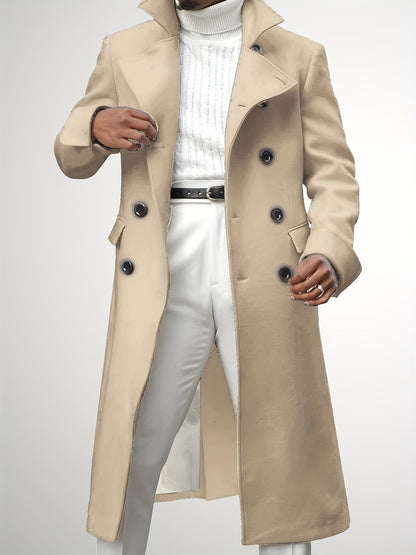 Men's Notch Lapel Long Trench Coat - Casual Insulated Winter Peacoat Classic Double Breasted Overcoat Solid Winter Coat -  Wool Blend - For Men - Suitable for Winter - Perfect Gift for Men