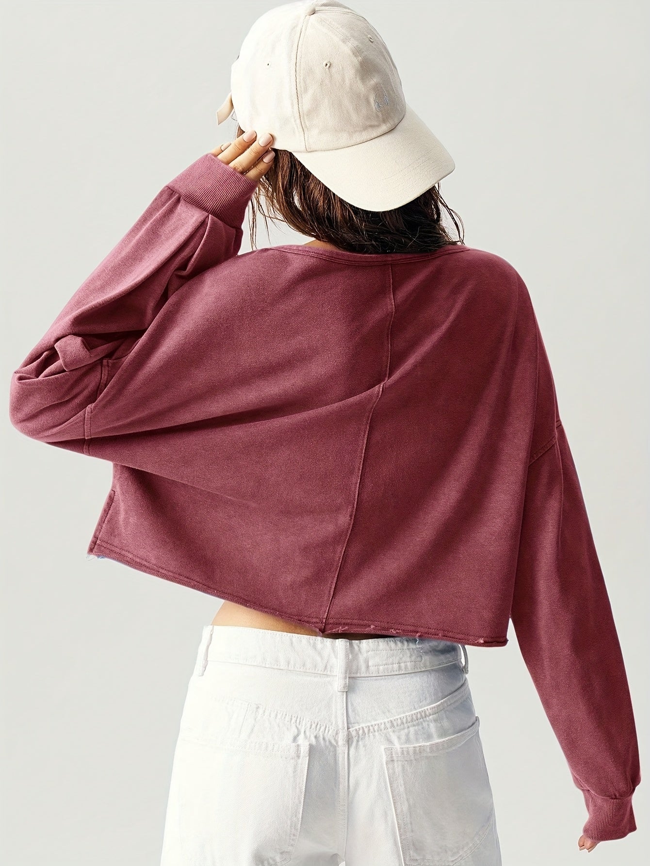 Casual Solid Color V-Neck Long Sleeve Loose Fit Women Sweatshirt Fall Tops Women Cropped Sweatshirt Long Sleeve Tops Comfy Tops Tops for Women