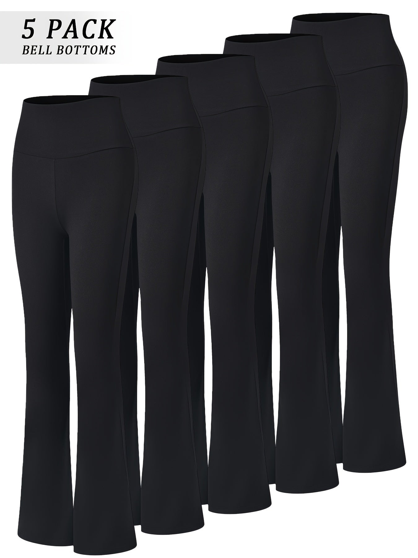 5-Pack Women's High Waisted Flare Bell Bottom Yoga Pants - Tummy Full-Length Leggings (Suitable for Yoga, Gym, Dance) | Soft Bootleg Wide- Pants with Tummy, 2 Colors, Year-Round Wear