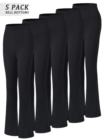 5-Pack Women's High Waisted Flare Bell Bottom Yoga Pants - Tummy Full-Length Leggings (Suitable for Yoga, Gym, Dance) | Soft Bootleg Wide- Pants with Tummy, 2 Colors, Year-Round Wear