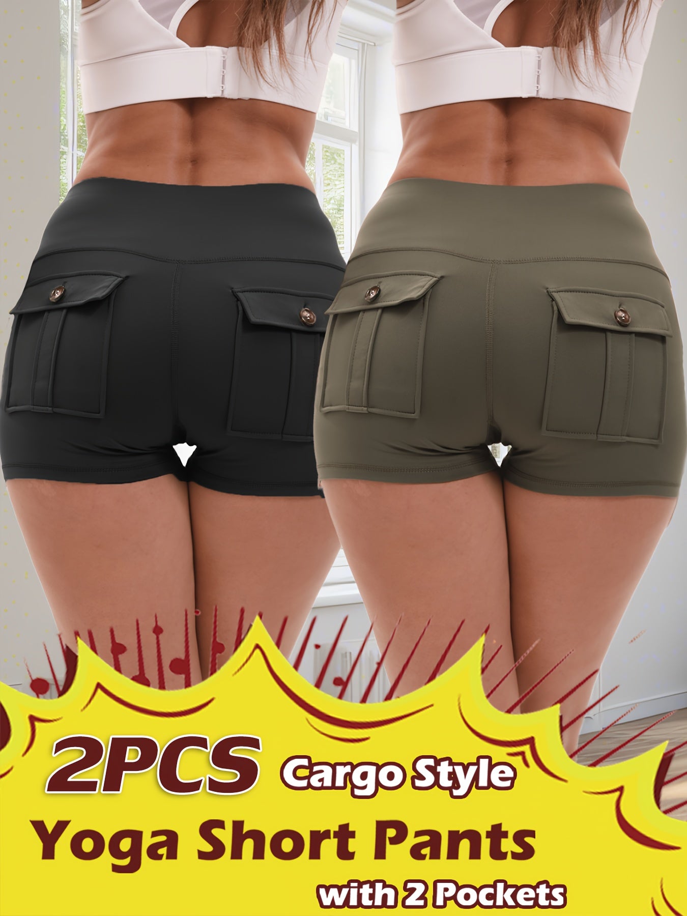 2pcs High Stretch Elastic Waist Cargo Shorts - Women's Shaping, Hip Lifting, Quick-Drying Fitness Pants with 2 Pockets, Solid Color Short Pants Set, Track Shorts Set
