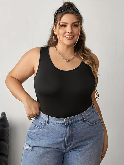 [Plus Size Tank Tops] 3pcs Women's Plus Size Solid Color Tank Tops - Breathable Stretch Fabric Base Layer Shirts, Opaque Non-Sheer Blouses Suitable for Casual, Home Wear & Layering, Year-Round Layering (Hand Washable, No Transparency)