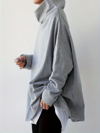 Women's Oversize Simple Tops 2024 New Fashion Casual Solid Color High-Neck Long Sleeve T-Shirt