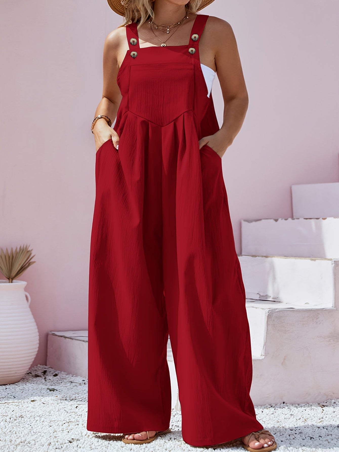 Plus Size - Plus Size - Curve Casual Women'S Spring And Summer Button Back Tie One-Piece Pants - Back Tie Button Design, Thin Thickness, Loose Fit - Spring And Summer Plus Size Women'S Vacation Jumpsuits