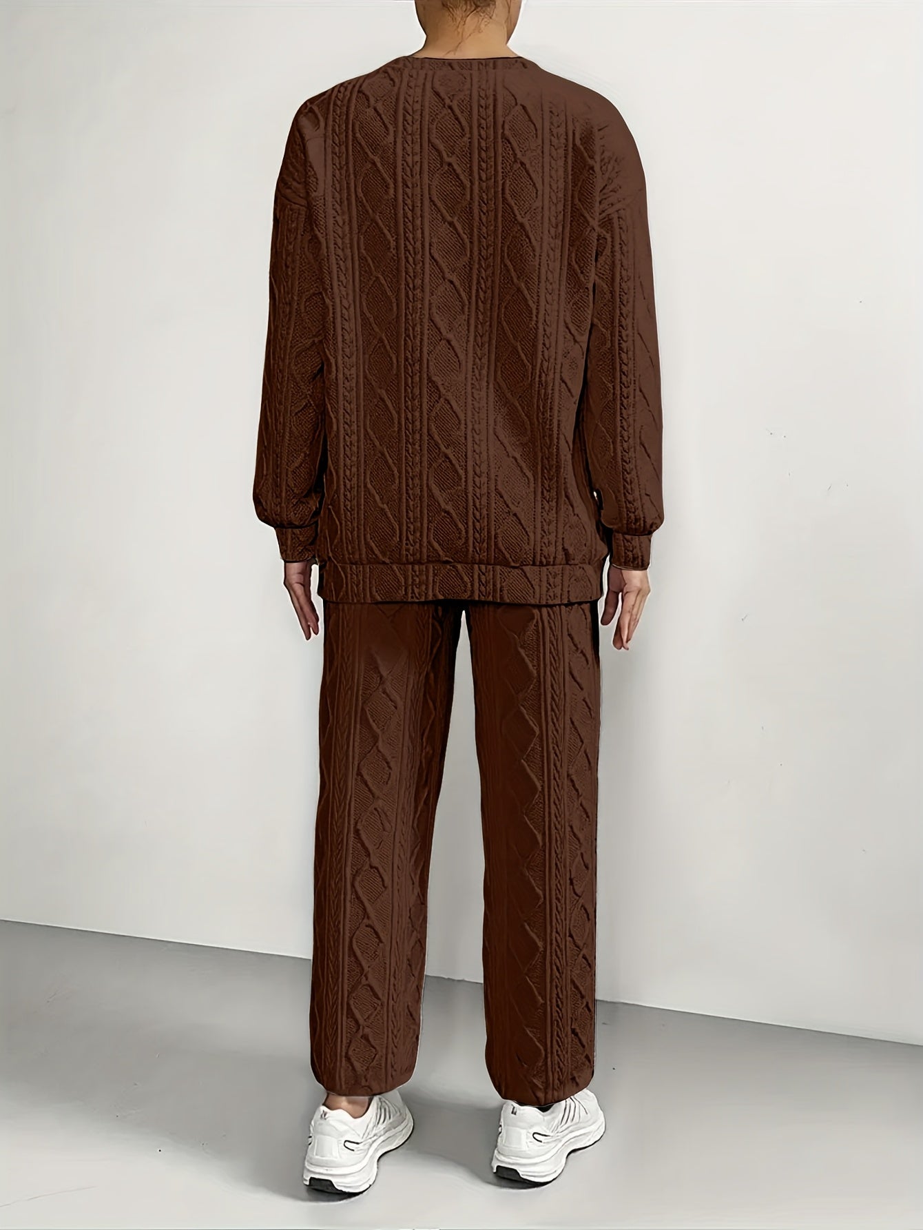 Women'S Sweatshirt Ensemble for Autumn/Winter 2025 - Featuring a Solid Color, Cable Patchwork, Long Sleeve Crew Neck Top And Cuffed Pants in a Two-Piece Outfit, Including a Pullover And Sweater, Perfect for Christmas And Fall