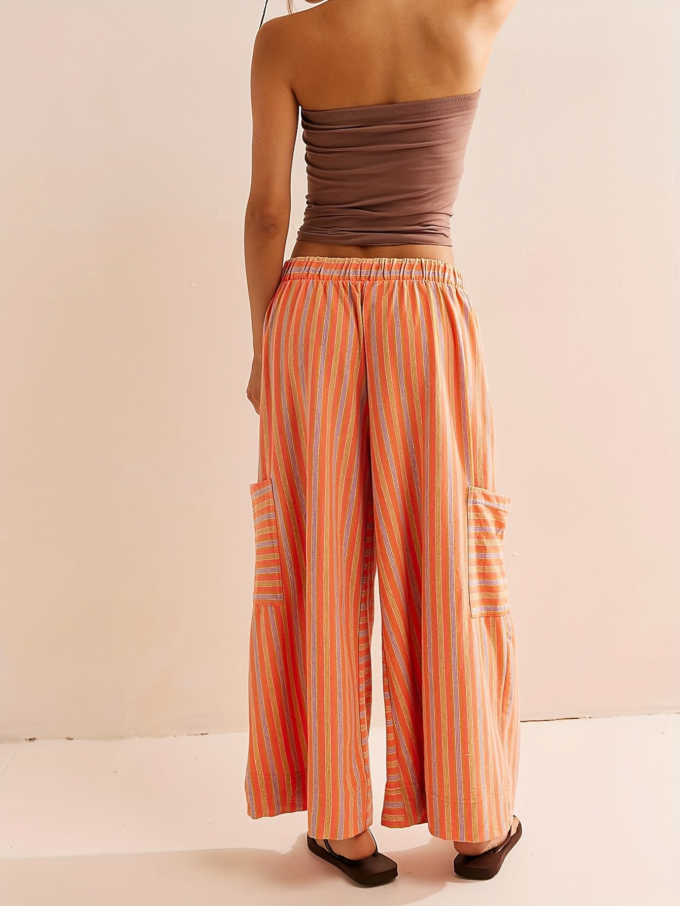 Women's Wide Leg Pants with Elastic Waist & Striped Drawstring - Striped Horizontal Stripes Trousers Suitable for Spring/Summer, Casual Lounge Pants with Side Pockets, Machine Washable Wide-Leg Trousers for Warm Weather