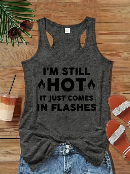 Women'S Dark Grey Casual Vest with an Interesting Letter Print- "I'M Still Hot, It Just Flashes" Machine Washable, All-Season Sleeveless Vest, Suitable for Casual Wear, Summer Vest
