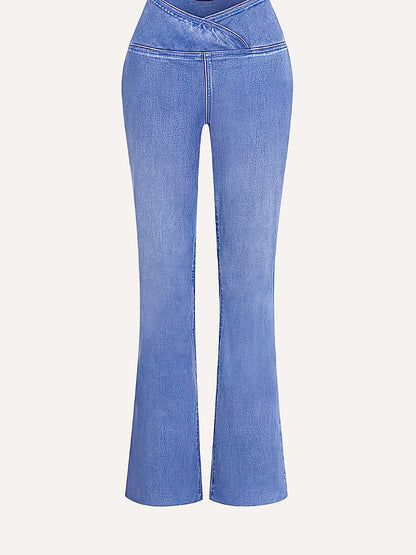 Women's High-Waisted Stretch Jeans - Wide-Leg Bell-Bottom Flared Pants with Cross-Waist , -Like Rayon//Spandex (75/23/2%), All-Season Casual to Dressy Wear, Wrinkle-Resistant Trousers