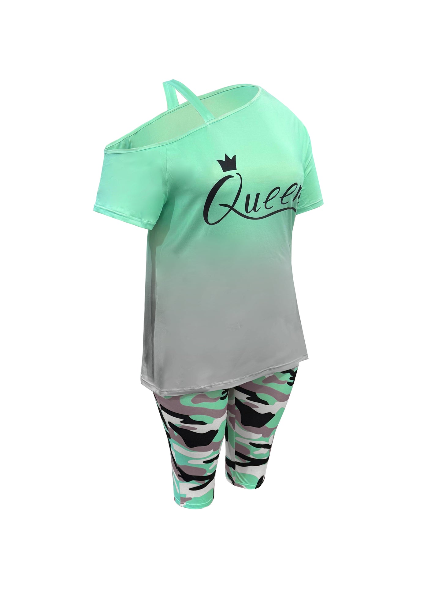 Plus Size - Ladies Fashion Daily Casual Suit, Diagonal Shoulder Camisole Gradient Letter Print Top + Camouflage Capri Pants Design.