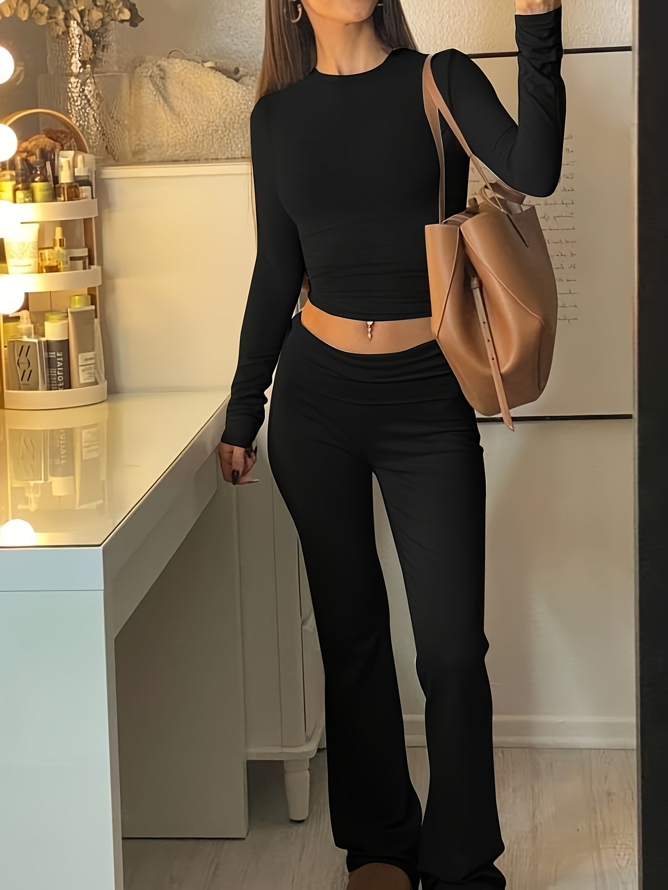 Casual Two Piece Outfits Long Sleeve High Waist Fold-Over Flare Flared Leggings Pants Sets Streetwear