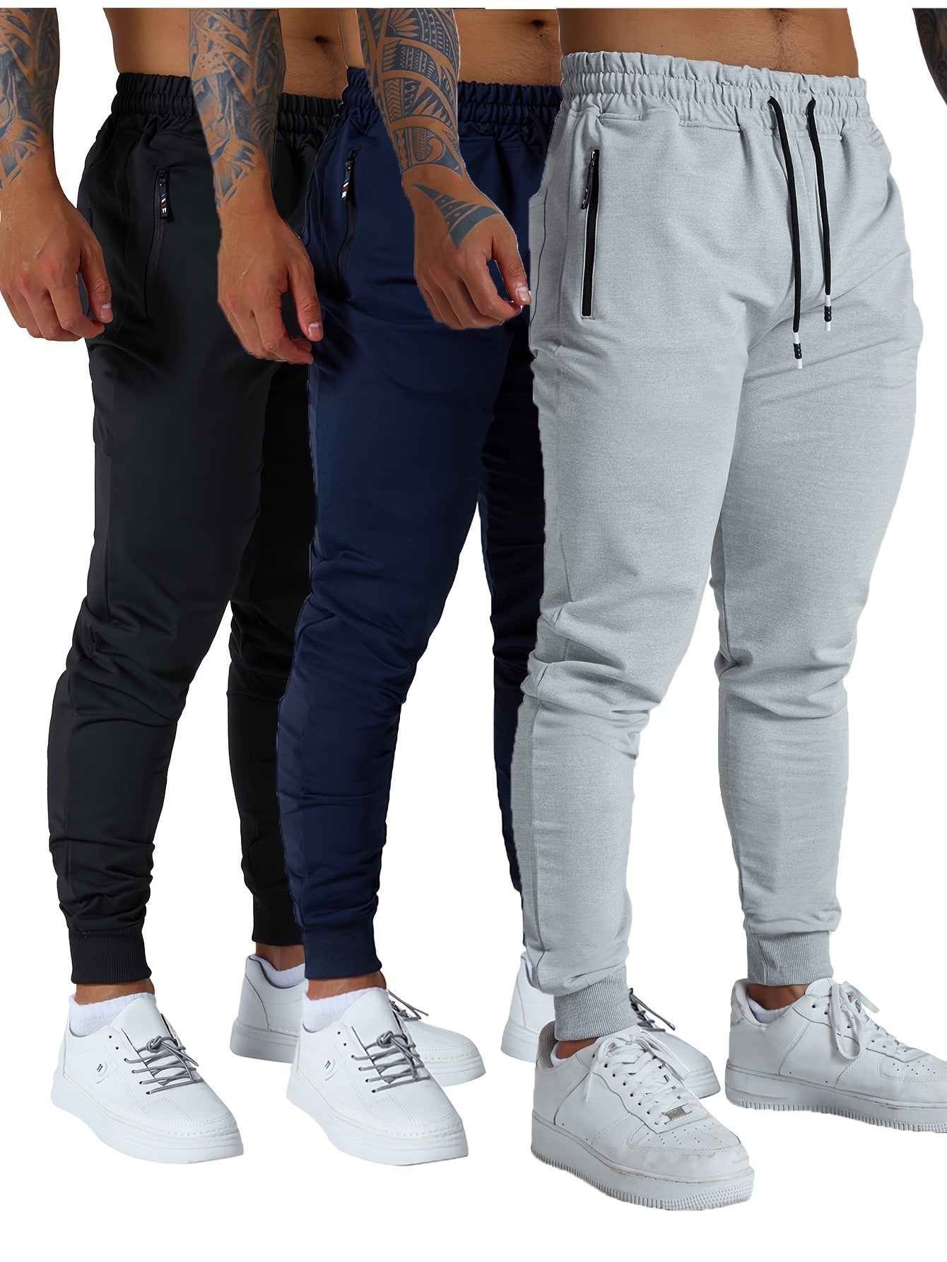 3PCS Men's Sweatpants with Zipper Pockets Tapered Joggers for Men - Athletic Pants for Workout, Jogging, Running - Breathable & Comfortable Fabric - Suitable for Men - Perfect for Fitness Enthusiasts