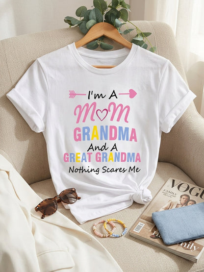 Women's Casual Crew Neck T-shirt, Fabric, Slightly Stretchy, Short-sleeved Graphic Print Top, Suitable for All Seasons, Featuring the Design "I Am a Mother, Grandmother, and Great-grandmother".