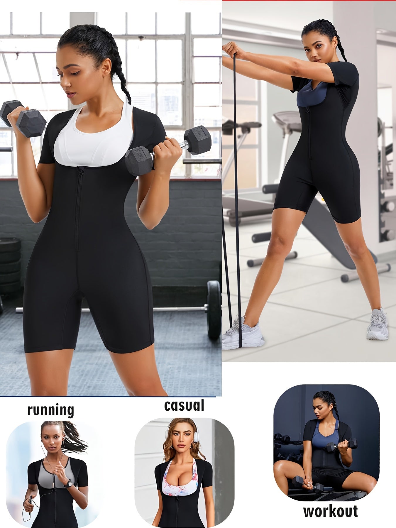 1pc JUNLAN Women' Sauna Suit Full Body Shaper Workout Vest & Shorts - 3-in-1 Waist Trainer, Sweat Vest with Sleeve Top & Shorts, Zipper Closure Tummy Gym Suit for Sauna Training, Fitness, Year-Round Wear (Hand Washable)