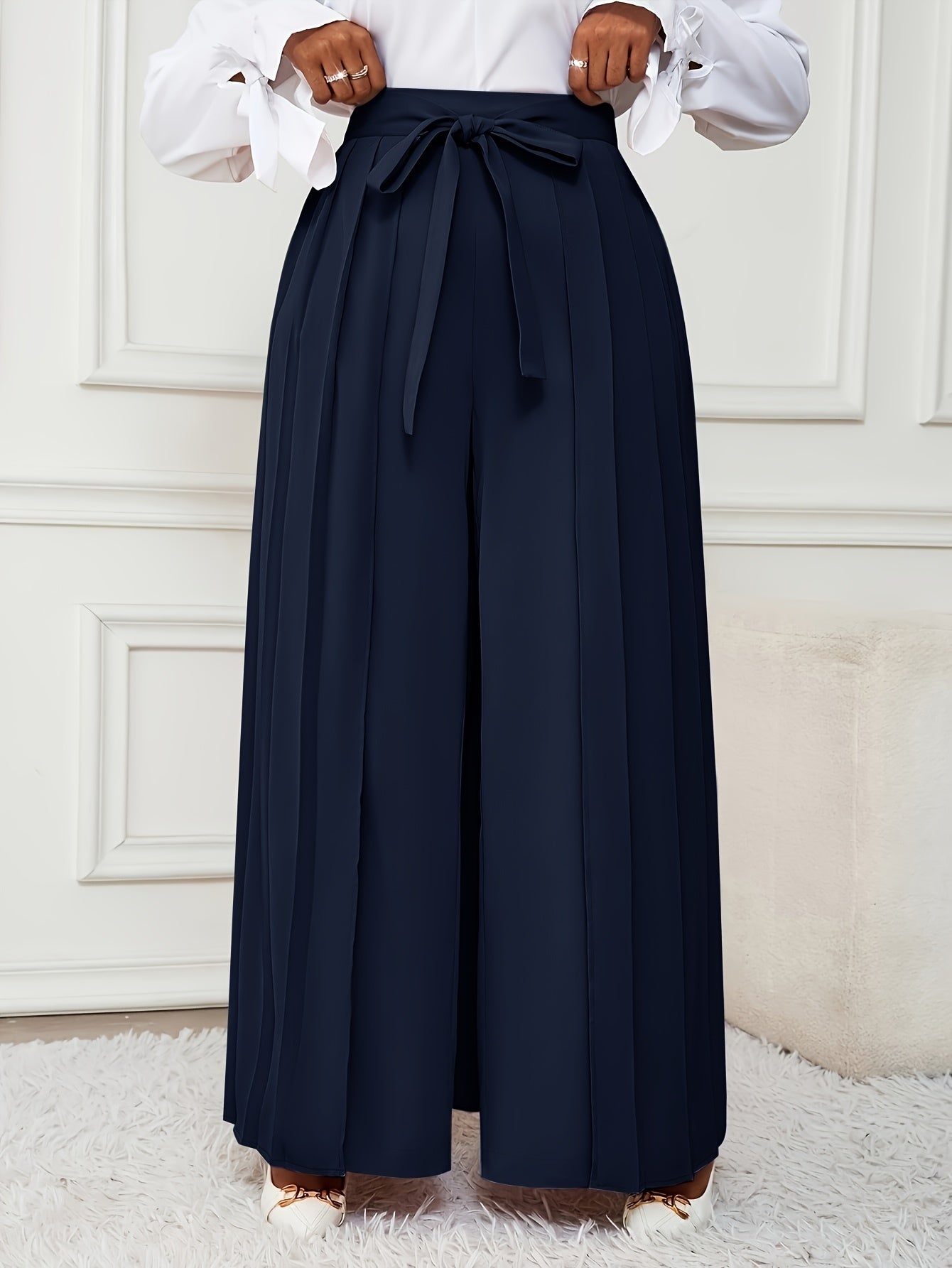 Plus Size - Plus-size Women'S Pants With Elegant Pleats, Removable Design, Two-way Wear, Straight-leg Style, Retro Chic, Casual, Suitable For All Seasons Throughout The Year.