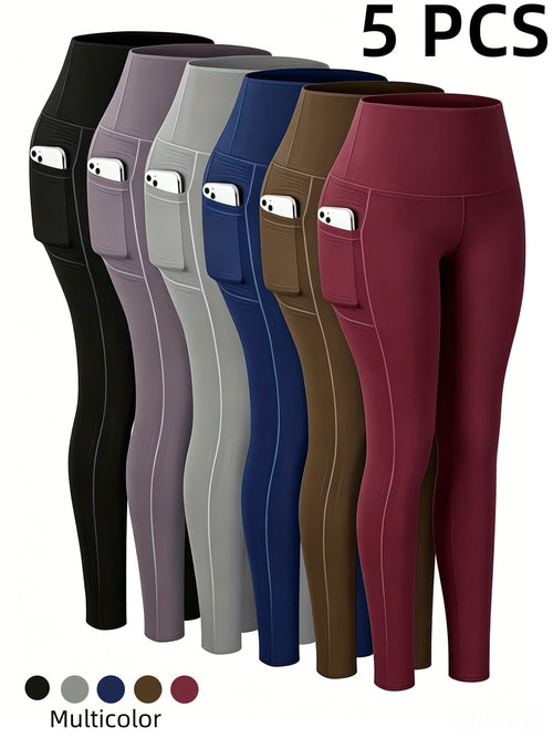 5pcs Women'S Hip-lifting& Tummy Control Leggings, Quick-drying, Breathable, Highly Elastic and Soft, Suitable for Gym, Yoga, Pilates, Beach Wear, Undergarments, Casual Pants, Yoga Pants and Safety Shorts