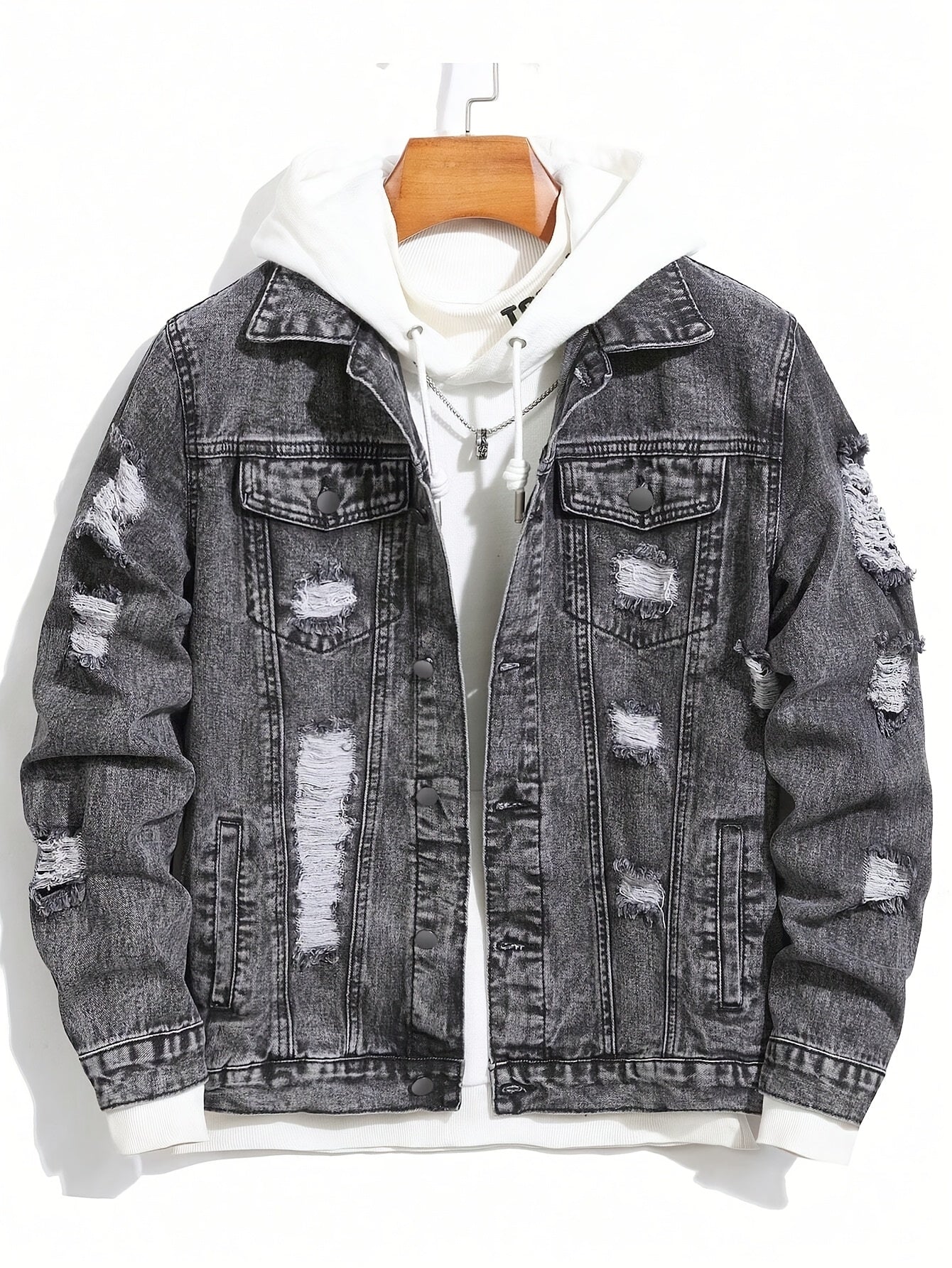 Men's Casual Street Style, with Ripped Details, Comfortable and Versatile, Suitable Casual Wear Trendy with Ripped Design, Made of Durable Snowflake Fabric