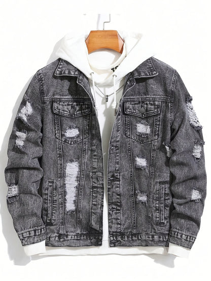 Men's Casual Street Style, with Ripped Details, Comfortable and Versatile, Suitable Casual Wear Trendy with Ripped Design, Made of Durable Snowflake Fabric