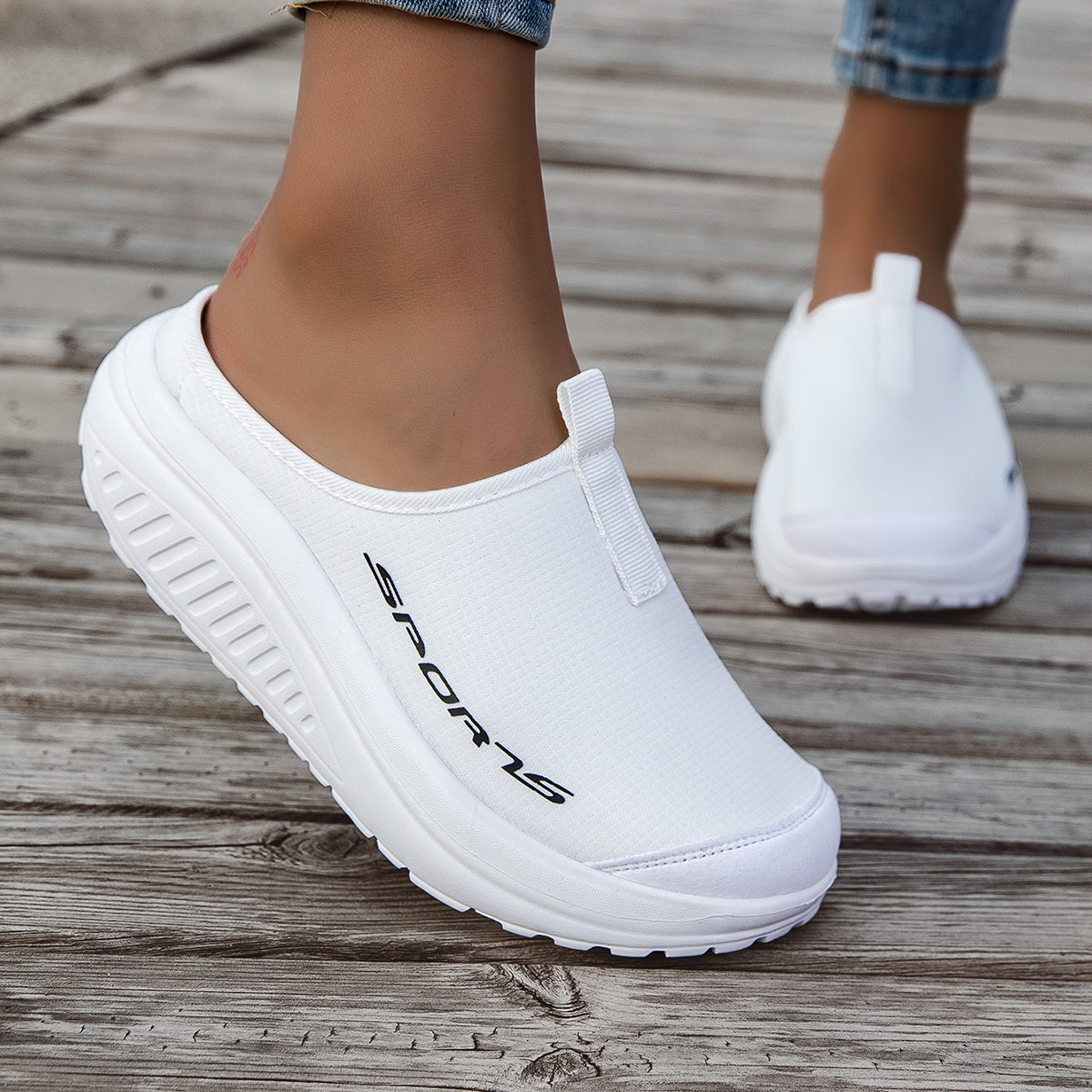 White Breathable Half-Slip for Women Featuring a Lace-Up Design, Round Toe, Thick Platform Sole, Fabric And Synthetic Upper, And EVA Cushioned Insole for Year-Round Comfort. Ideal for Casual Fashion And Everyday Use, Women Shoes