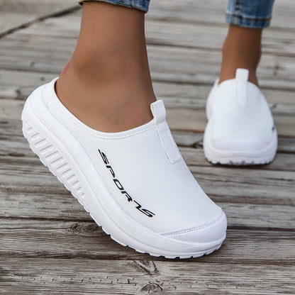 White Breathable Half-Slip for Women Featuring a Lace-Up Design, Round Toe, Thick Platform Sole, Fabric And Synthetic Upper, And EVA Cushioned Insole for Year-Round Comfort. Ideal for Casual Fashion And Everyday Use, Women Shoes