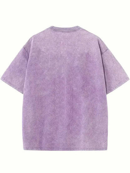 Women's Trendy Printed Retro Washed T-Shirt - 230g Thick, Retro Street Style Crew Neck Short Sleeve, Machine Washable, Perfect for Spring/Summer Casual Wear, Unique Loose Fit Women's T-Shirt