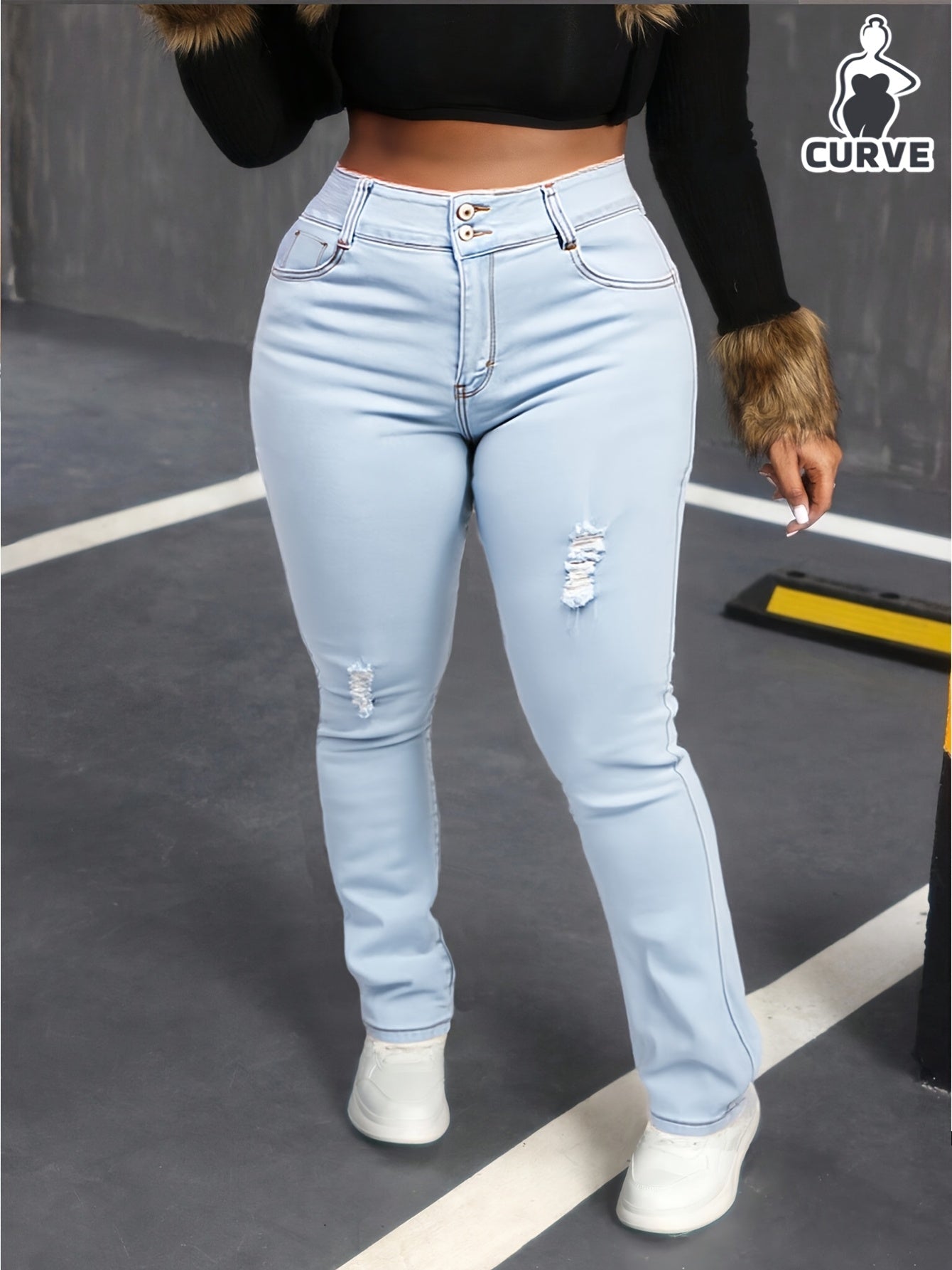 Plus Size Women's High-Elastic Light Blue Jeans - Classic Washed Full-Length Pants, Slim-Fit for Curvy Figures, Casual & Dressy Outfits, All-Season (Machine-Washable)