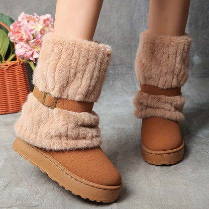 Women's Winter Warm Mid-Calf Boots Thick-Sole Style Non-Slip Rubber Sole Lining Wide-Fit Oversized Cold-Weather Footwear, Women Shoes