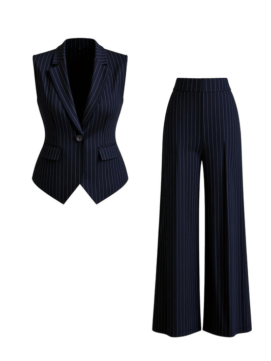2pcs Set: Black Striped Suit Vest + Bell-Bottom Pants | Women's Vintage-Inspired, Sleek Office Wear Perfect for Commuting, Formal Occasions, and Spring/fall Styling.