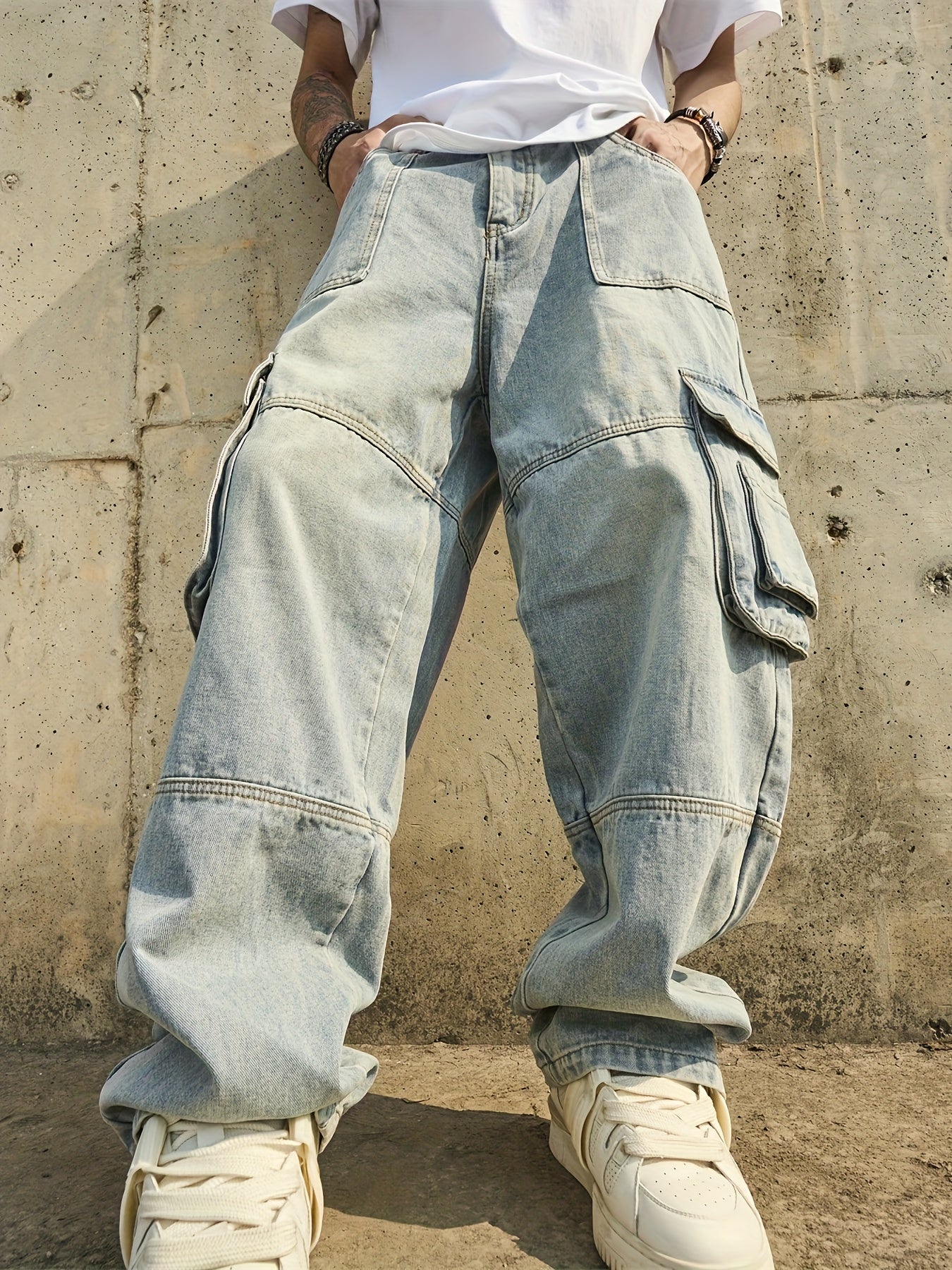 American Retro Washed Distressed Multi Pocket Workwear Youth Jeans Men'S Loose Wide Leg Floor Length Pants Trendy