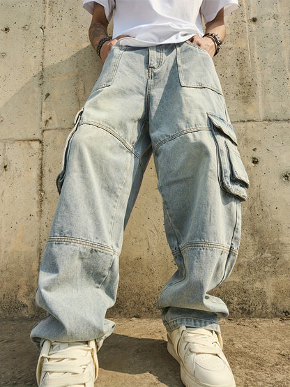 American Retro Washed Distressed Multi Pocket Workwear Youth Jeans Men'S Loose Wide Leg Floor Length Pants Trendy